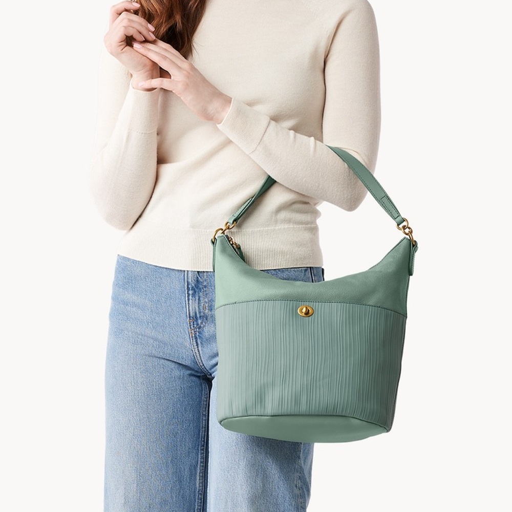 Fossil Talulla Mint Green Hobo Shoulder Bag Gold Hardware Pleated Front - Picture 1 of 10